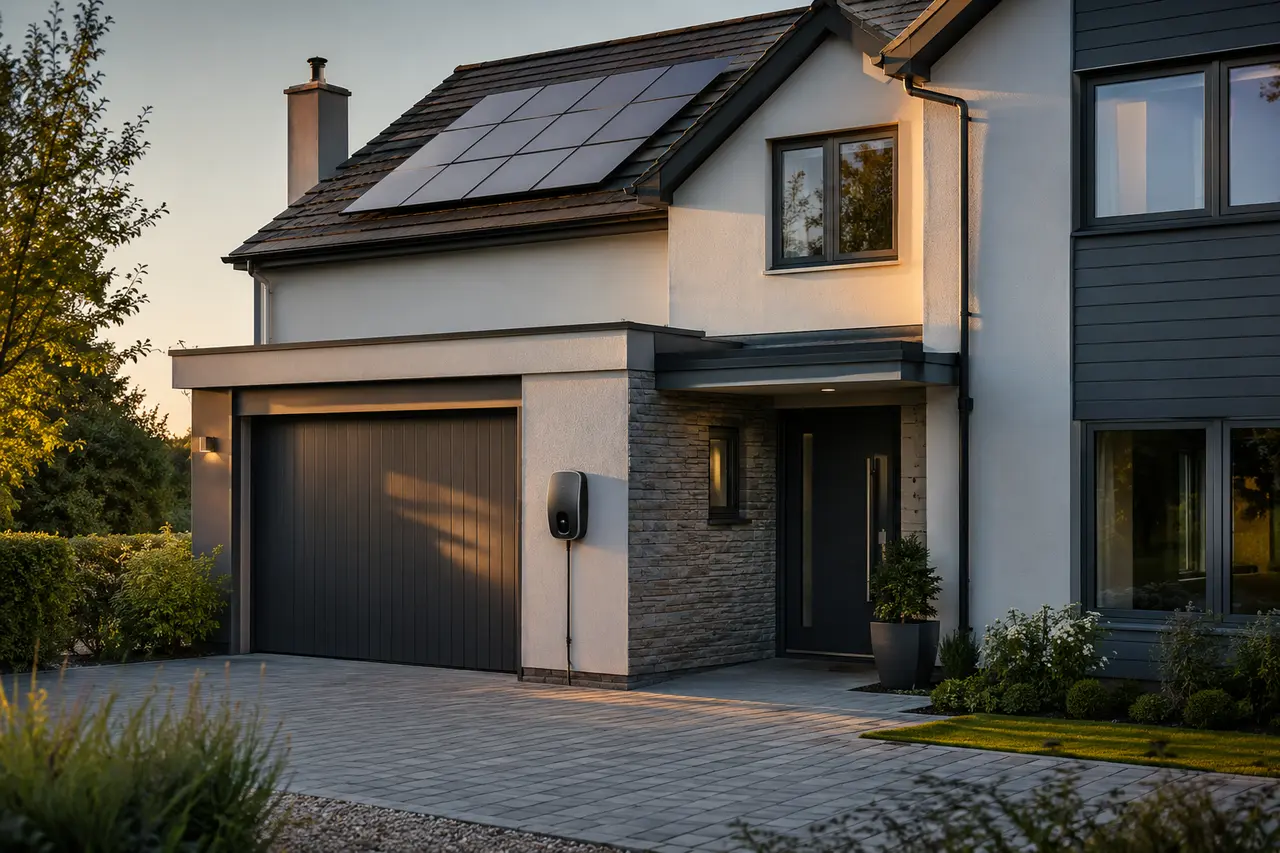 Modern British home with an EV charger and rooftop solar panels
