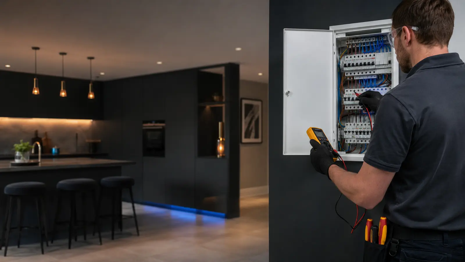 Electrician checking a modern consumer unit in a newly finished home